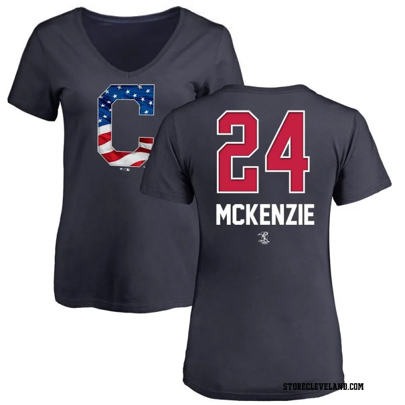Navy Women's Triston McKenzie Cleveland Guardians Name and Number Banner Wave V-Neck T-Shirt